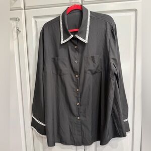 Sequin Trim Black Button-Up Blouse w/ Silver Sequin Trim Plus Size Stretchy